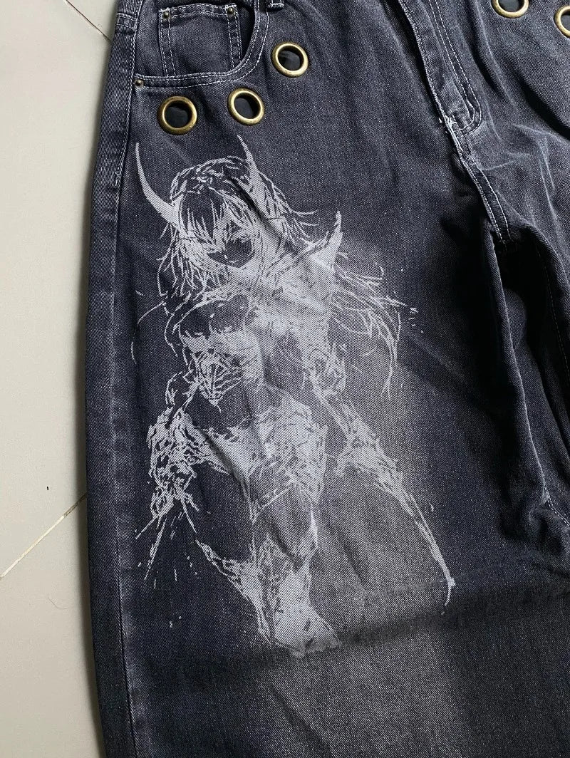 Y2K Gothic Rock High Waist Wide Leg Jeans – Men's Punk Denim