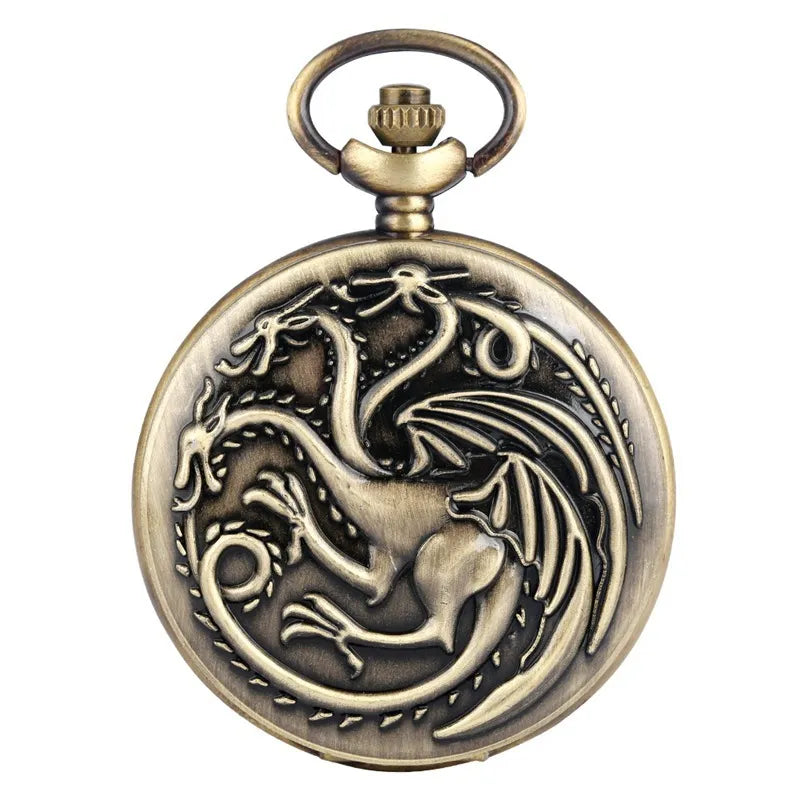 Three-Headed Dragon Pocket Watch — Vintage Bronze Quartz Fob Watch with Necklace Chain | FireDrips