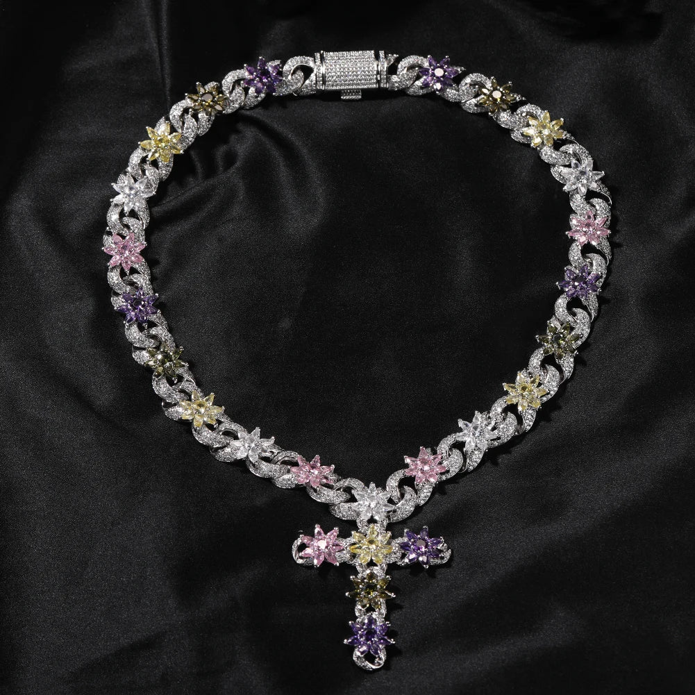 Colorful Floral Cuban Cross Chain Necklace