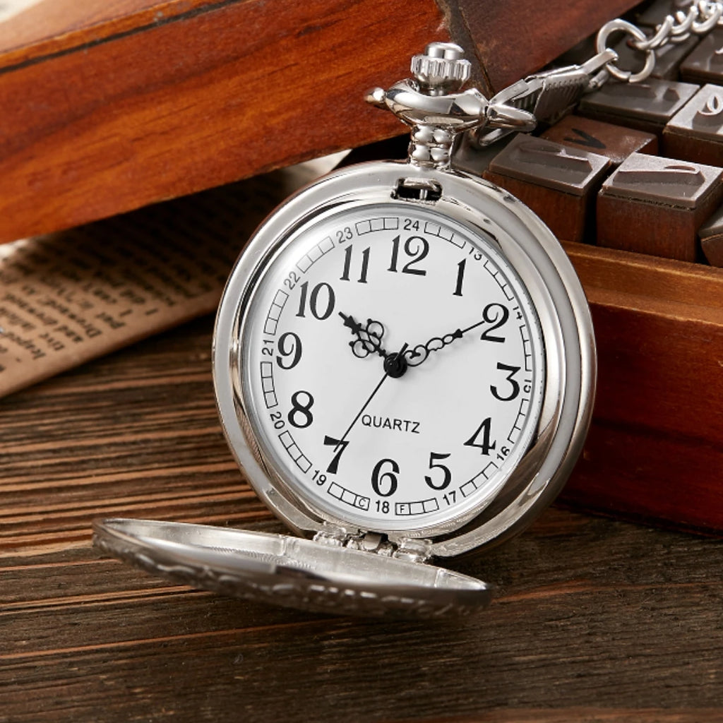 GORBEN Steampunk Pocket Watch — Silver Analog Quartz Fob Watch with Chain | FireDrips