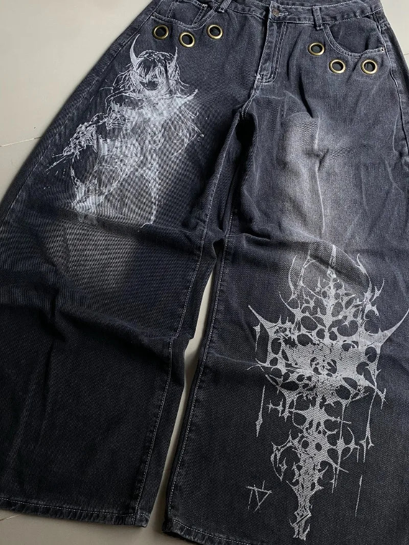 Y2K Gothic Rock High Waist Wide Leg Jeans – Men's Punk Denim