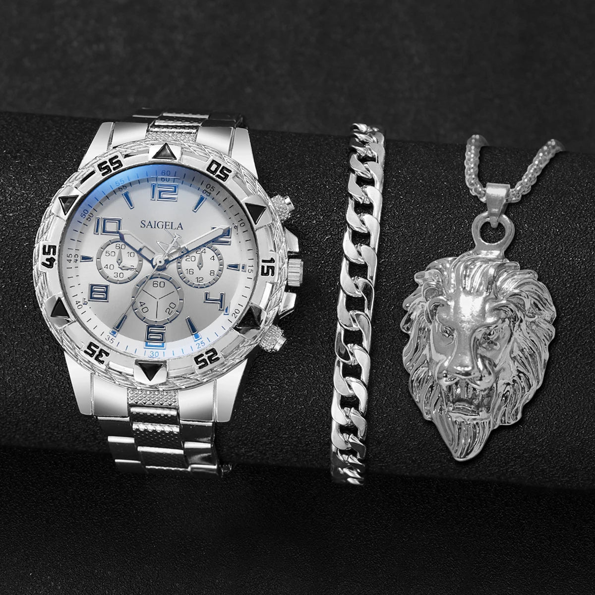 3pcs/Set Steel Band Men's Watches Arabic Dial Jewelry Set Relogio Masculino