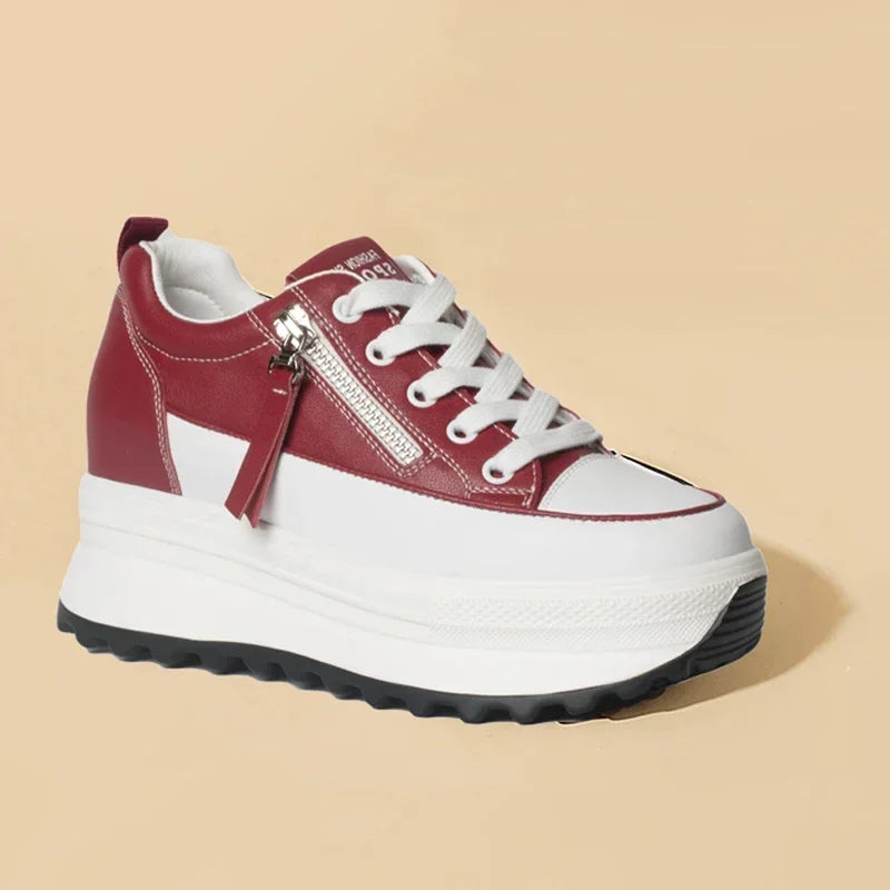 Fujin Genuine Leather Platform Wedge Chunky Sneakers – Lace-Up Street Style