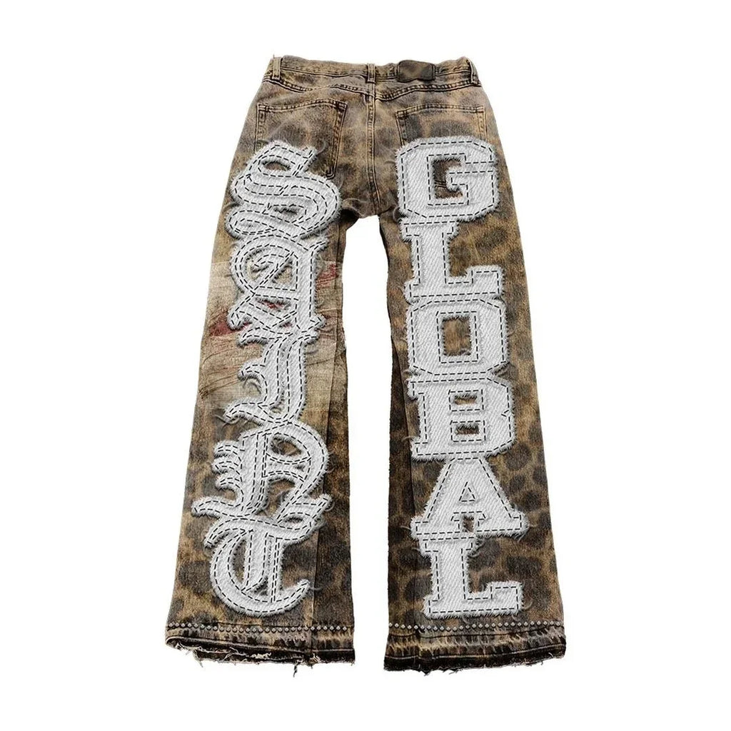 Y2K Baggy Wide Leg Embroidered Jeans for Men — Mid Rise Letter Patch Denim