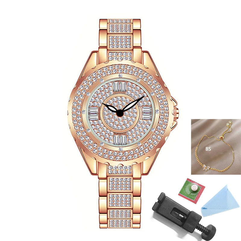 Crystal Diamond Watch for Women — Elegant Rose Gold, Gold & Silver with Bracelet Set | FireDrips