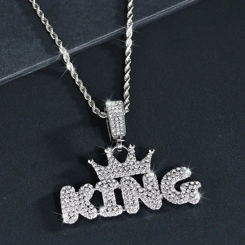 Crown KING Pendant Necklace — Iced Out Crystal Cuban Chain Men's Statement Jewelry, Gold & Silver