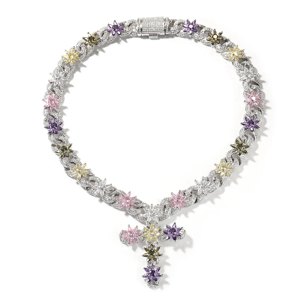 Colorful Floral Cuban Cross Chain Necklace