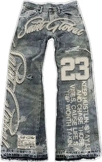 Y2K Baggy Wide Leg Embroidered Jeans for Men — Mid Rise Letter Patch Denim