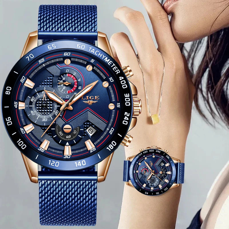 LIGE Women's Stainless Steel Chronograph Watch — Rose Gold Quartz Sport Bracelet, Waterproof | FireDrips