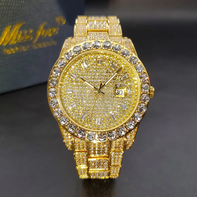 Rock Solid — Waterproof Hip Hop Diamond Quartz Watch, Iced Out Dial, Gold & Silver | FireDrips Streetwear