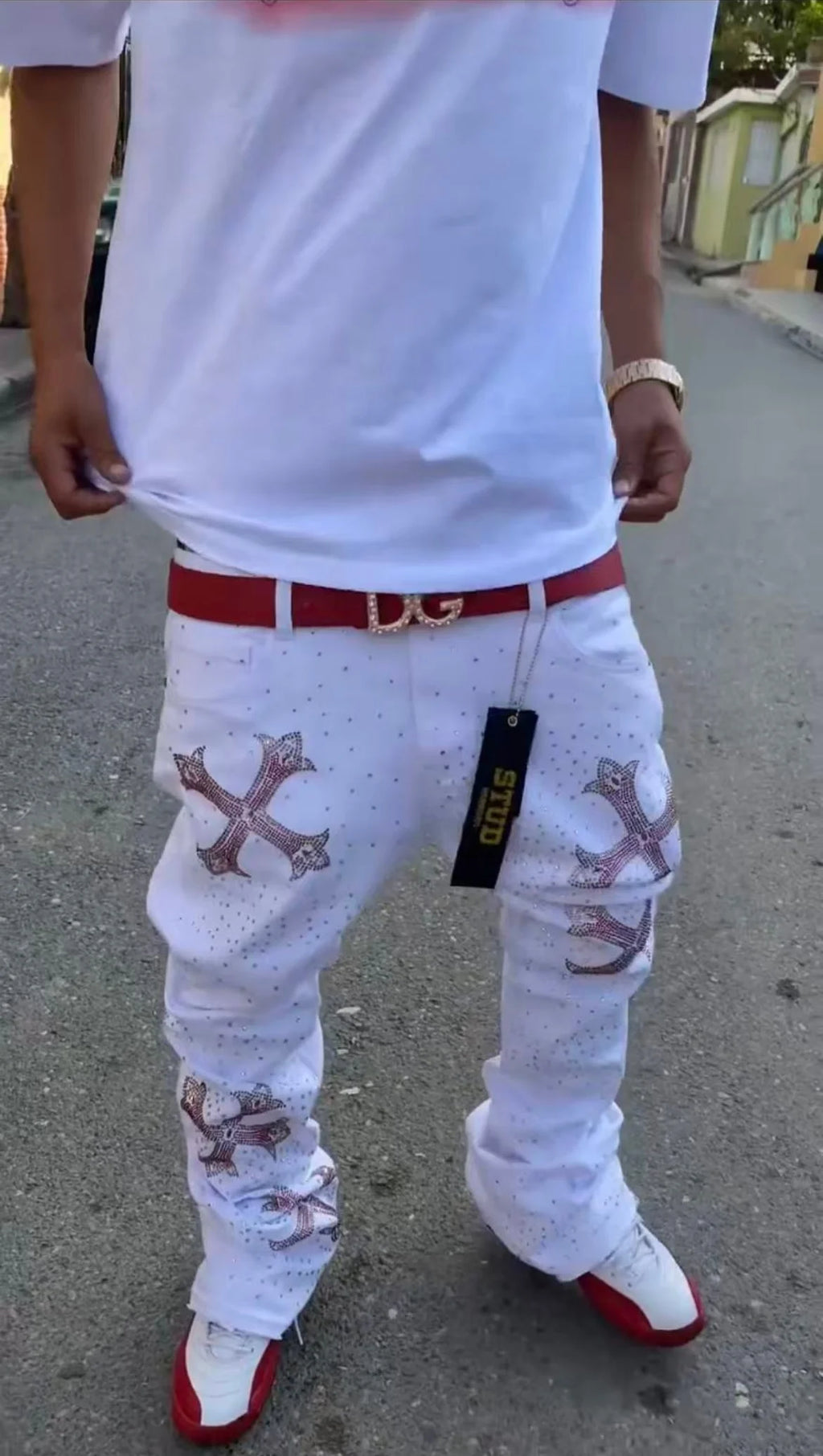Rhinestone Studded Cross Skinny Flared Jeans — Y2K Streetwear Denim