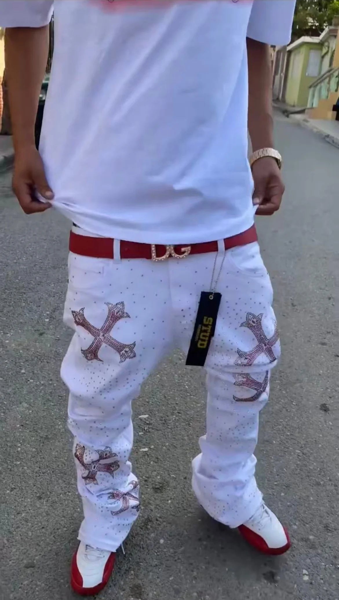 Rhinestone Studded Cross Skinny Flared Jeans — Y2K Streetwear Denim
