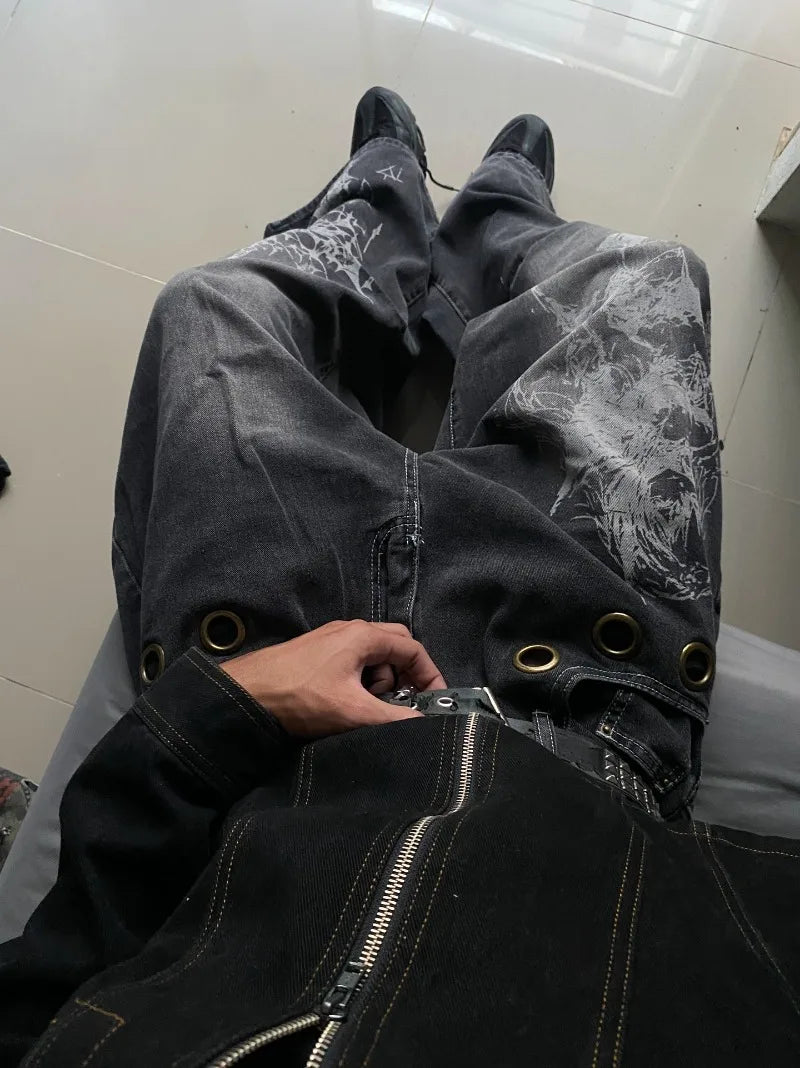 Y2K Gothic Rock High Waist Wide Leg Jeans – Men's Punk Denim