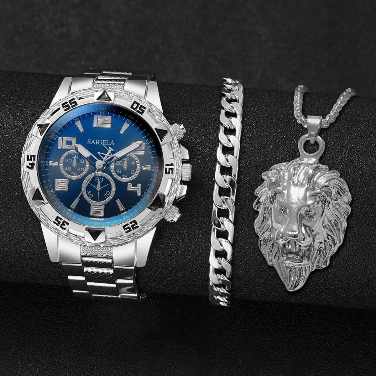 3pcs/Set Steel Band Men's Watches Arabic Dial Jewelry Set Relogio Masculino