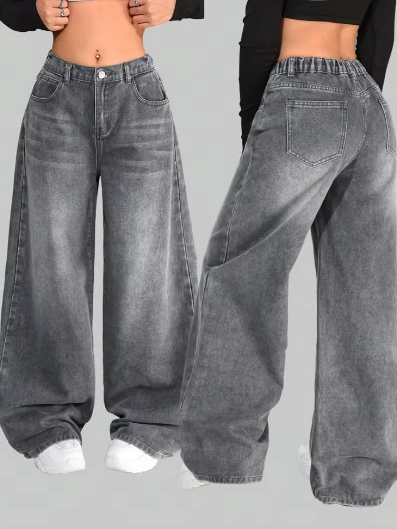 Y2K Gothic High Waist Baggy Jeans – Women's Multi-Pocket Wide Leg Denim