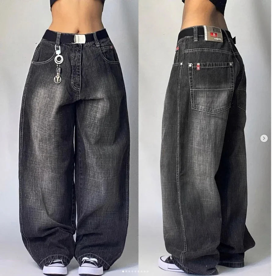 Y2K Gothic High Waist Baggy Jeans – Women's Multi-Pocket Wide Leg Denim