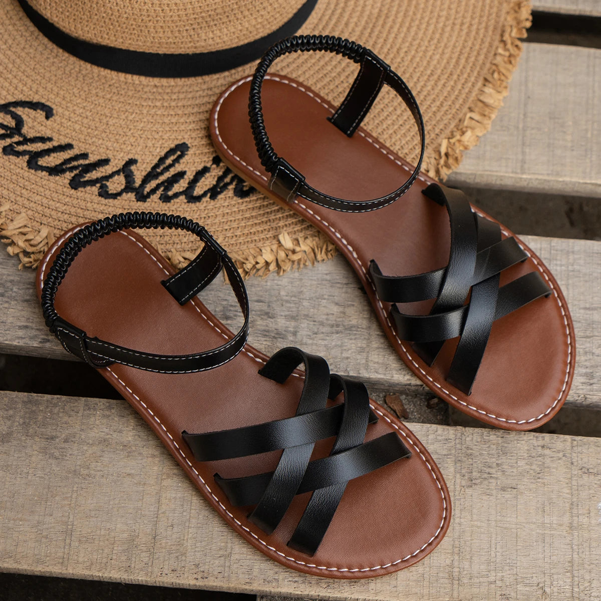 Roman Strap Flat Sandals – Non-Slip Rubber Sole Daily Slides