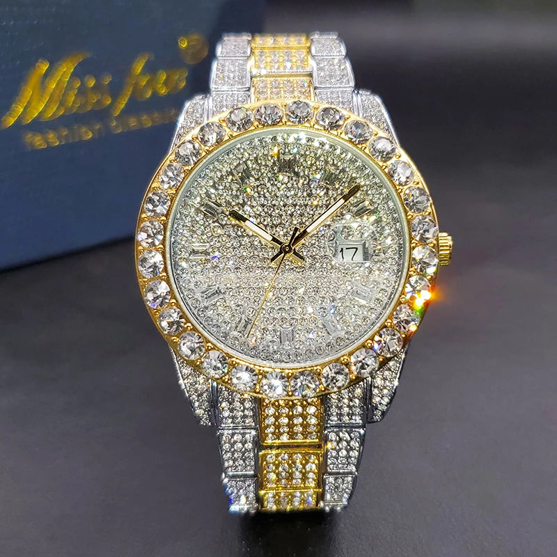 Rock Solid — Waterproof Hip Hop Diamond Quartz Watch, Iced Out Dial, Gold & Silver | FireDrips Streetwear