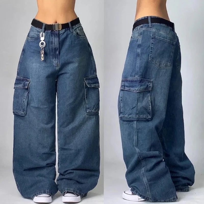 Y2K Gothic High Waist Baggy Jeans – Women's Multi-Pocket Wide Leg Denim