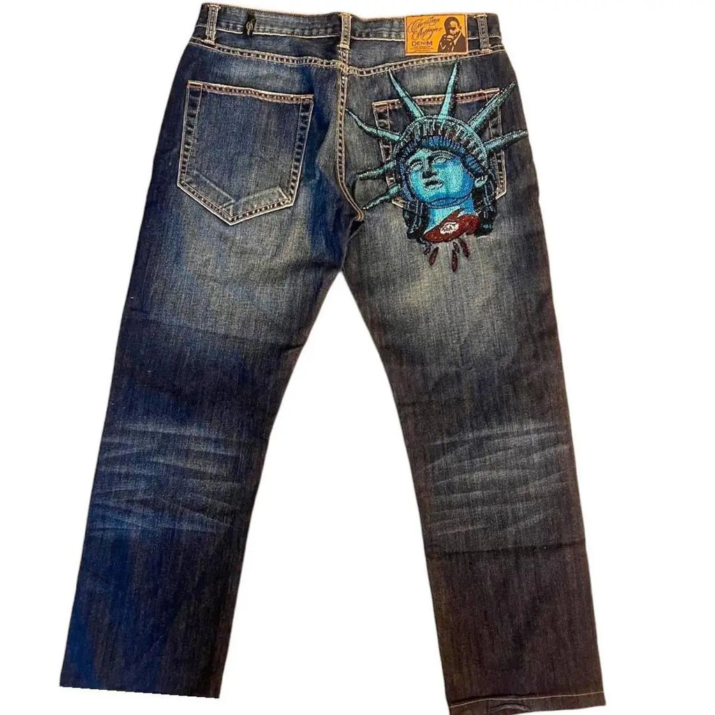 Y2K Statue of Liberty Diamond High Waist Jeans for Women — Harajuku Streetwear Denim