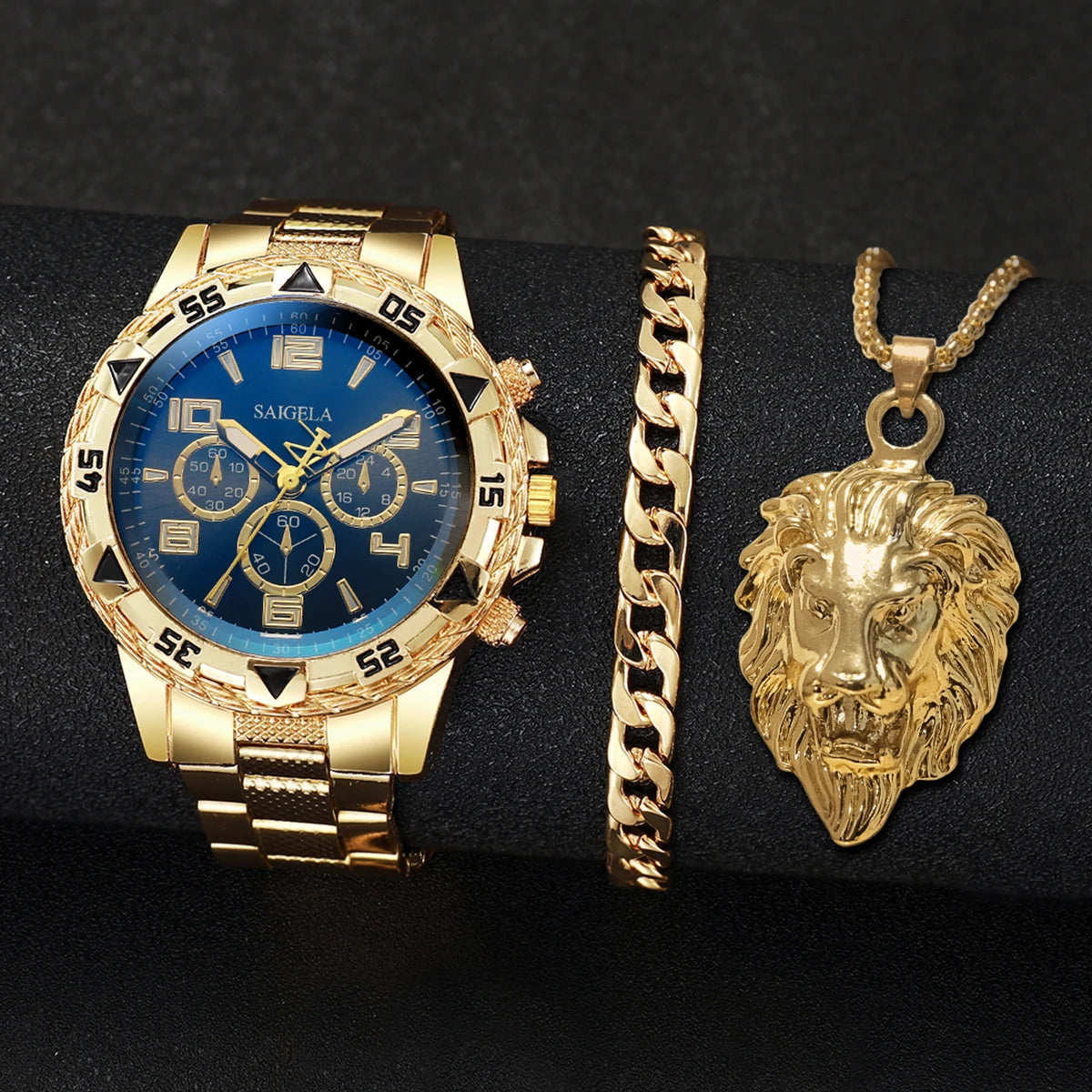 3pcs/Set Steel Band Men's Watches Arabic Dial Jewelry Set Relogio Masculino