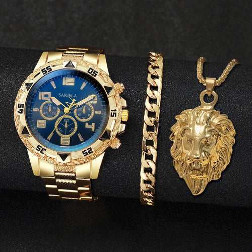 3pcs/Set Steel Band Men's Watches Arabic Dial Jewelry Set Relogio Masculino