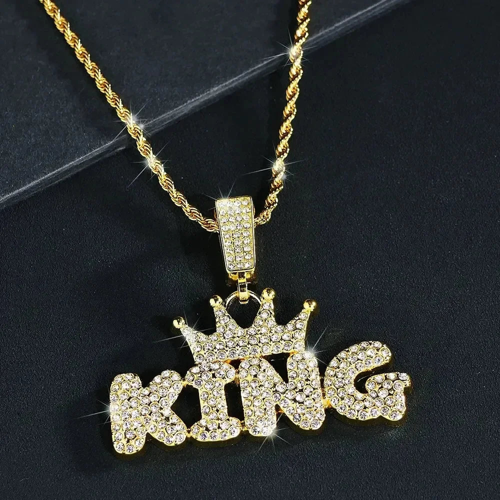 Crown KING Pendant Necklace — Iced Out Crystal Cuban Chain Men's Statement Jewelry, Gold & Silver