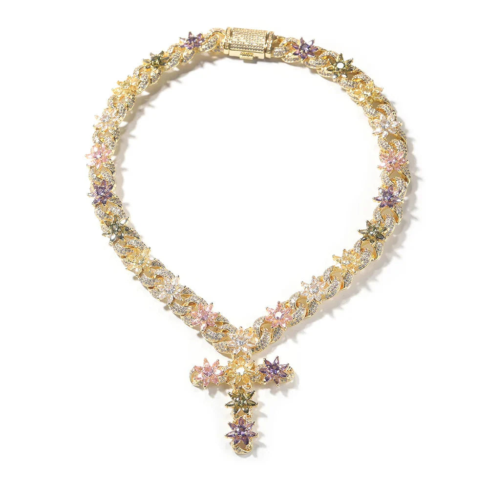 Colorful Floral Cuban Cross Chain Necklace