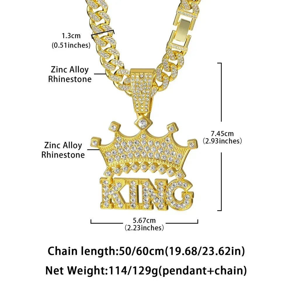 Men's Iced Crown King Pendant on 13MM Crystal Cuban Chain — Bold Statement Jewelry, Gold & Silver