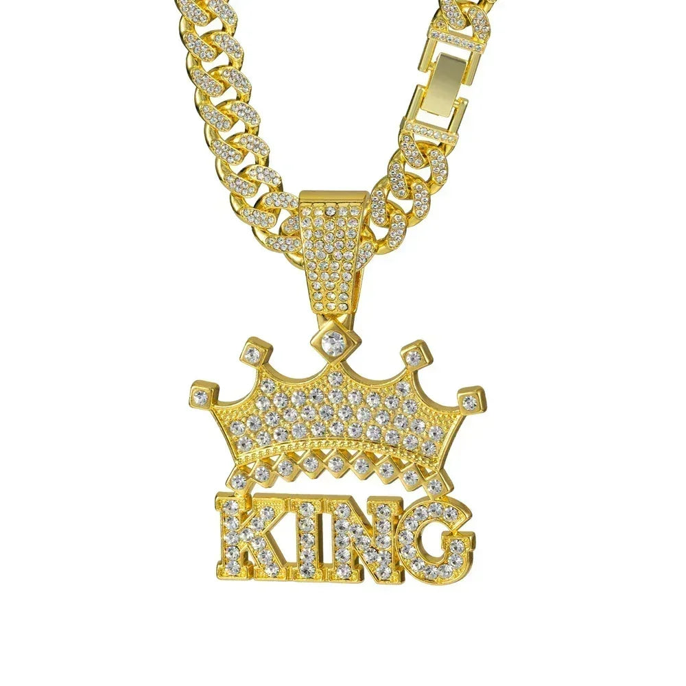 Men's Iced Crown King Pendant on 13MM Crystal Cuban Chain — Bold Statement Jewelry, Gold & Silver