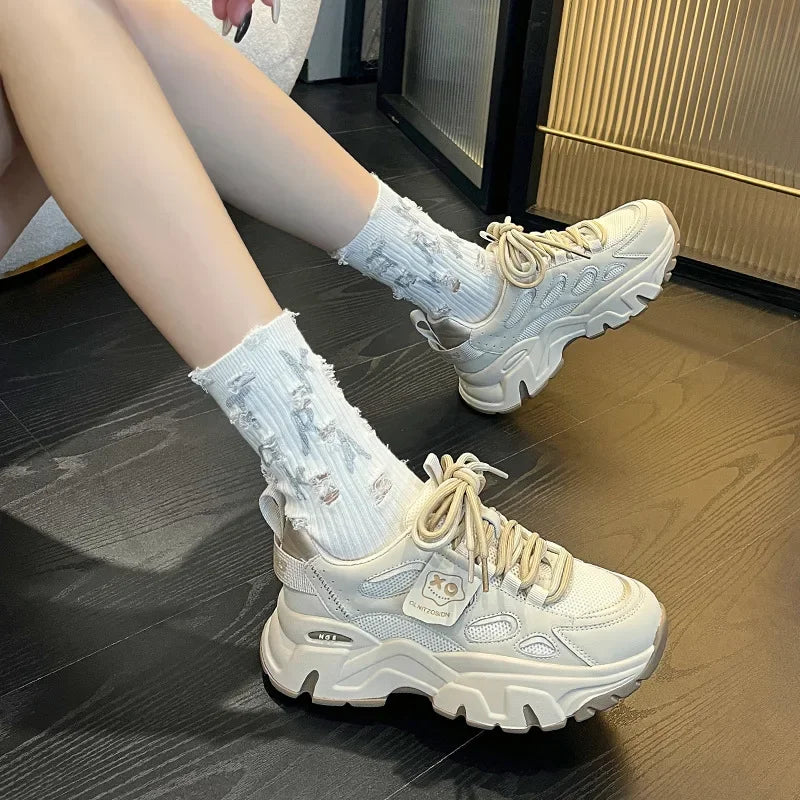Fujin 5cm Genuine Leather Women Platform Wedge Chunky Sneakers – Breathable Autumn Winter