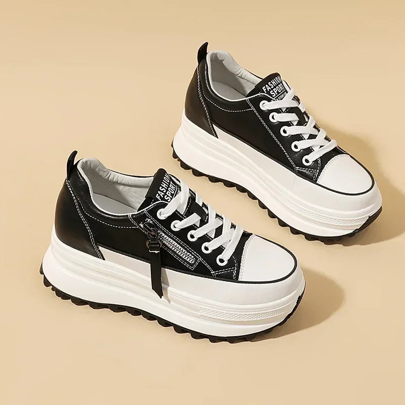 Fujin Genuine Leather Platform Wedge Chunky Sneakers – Lace-Up Street Style