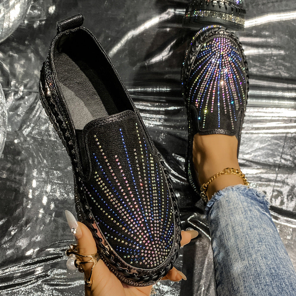Women's Rhinestone Platform Loafers — Glam Slip-On PU Leather Shoes, 3 Colors, Sizes 35–44