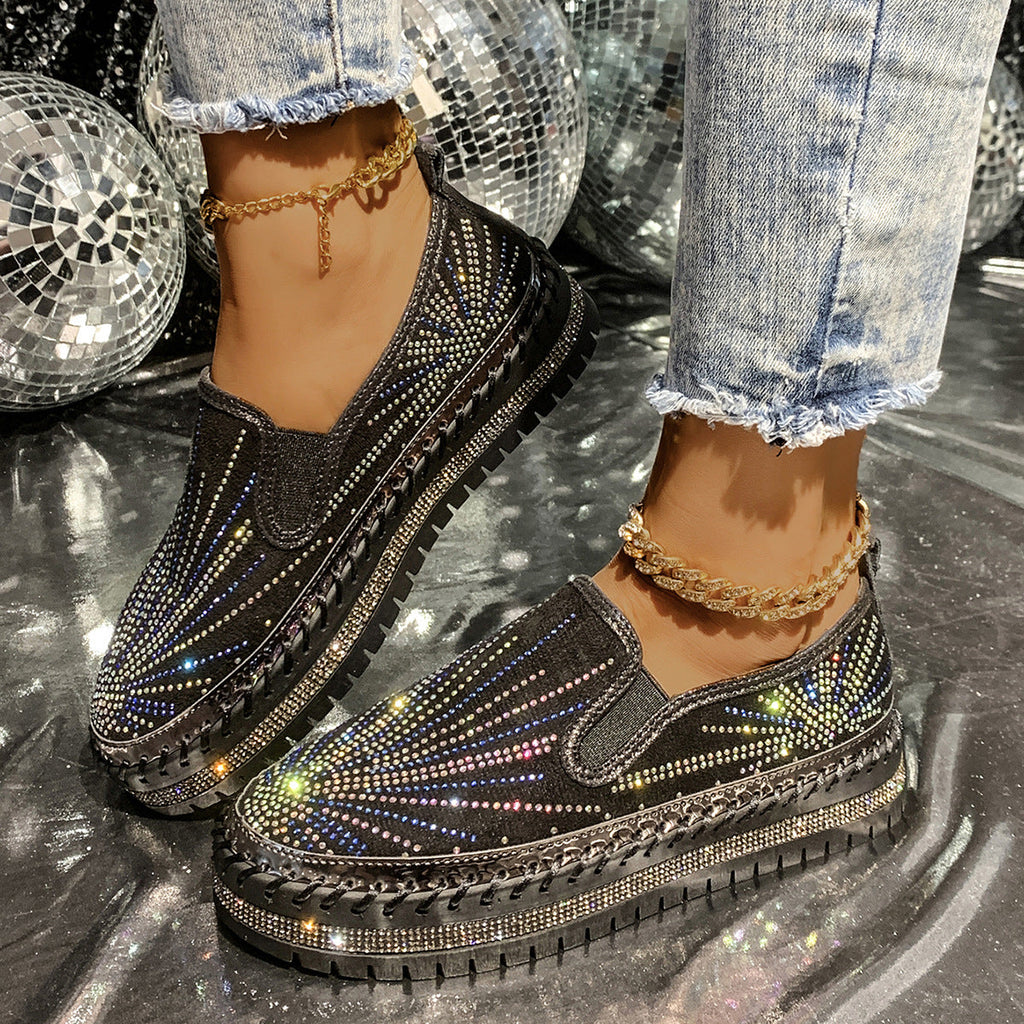 Women's Rhinestone Platform Loafers — Glam Slip-On PU Leather Shoes, 3 Colors, Sizes 35–44