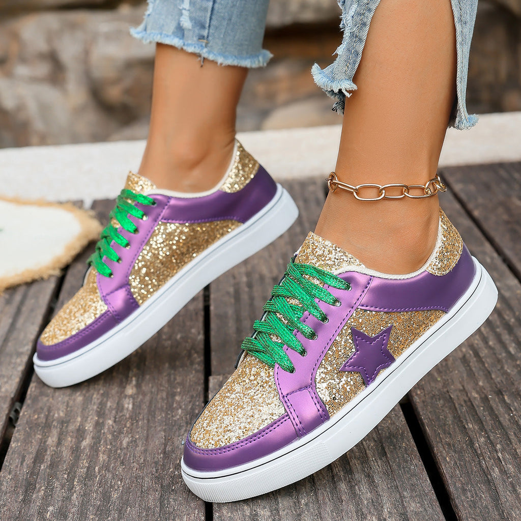 Women's Sequin Platform Sneakers — Chunky Lace-Up Shoes, Purple Gold Sequin Detail, Sizes 36–43