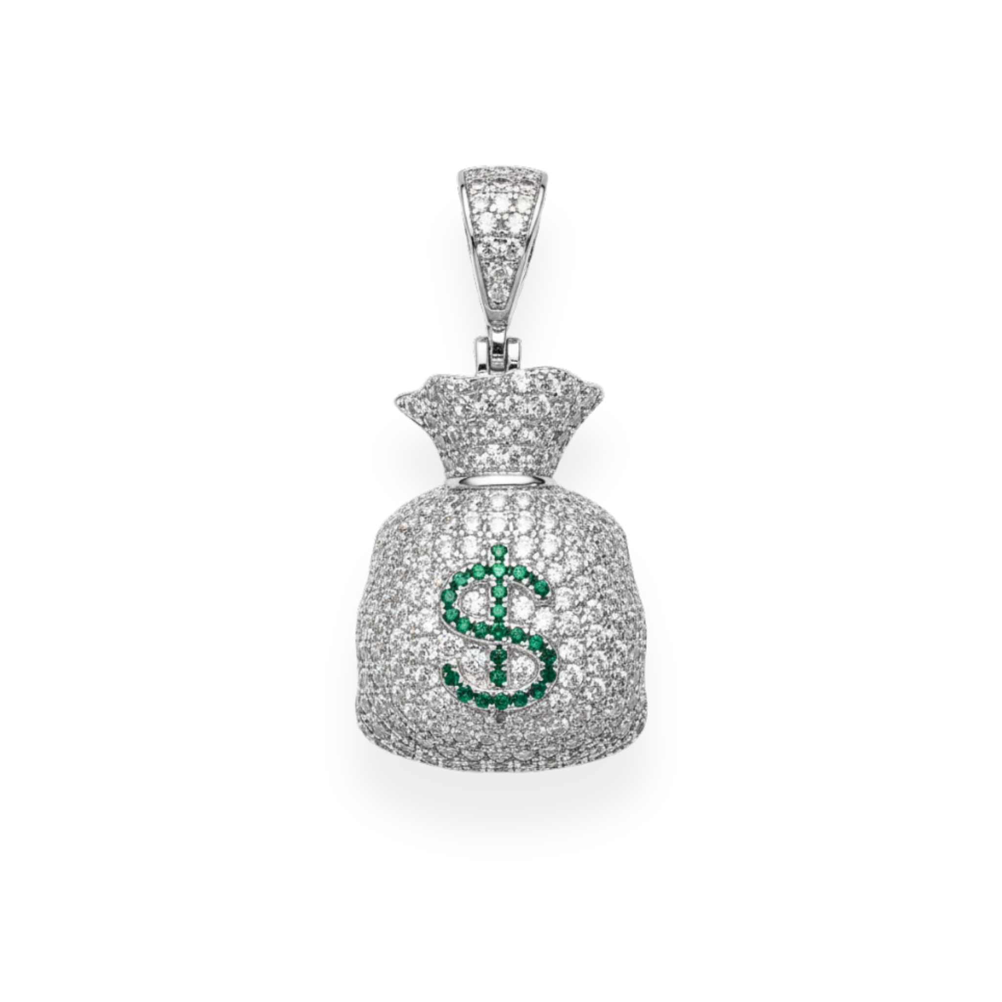 Gold-Plated Money Bag Dollar Sign CZ Iced Pendant in 925 Silver