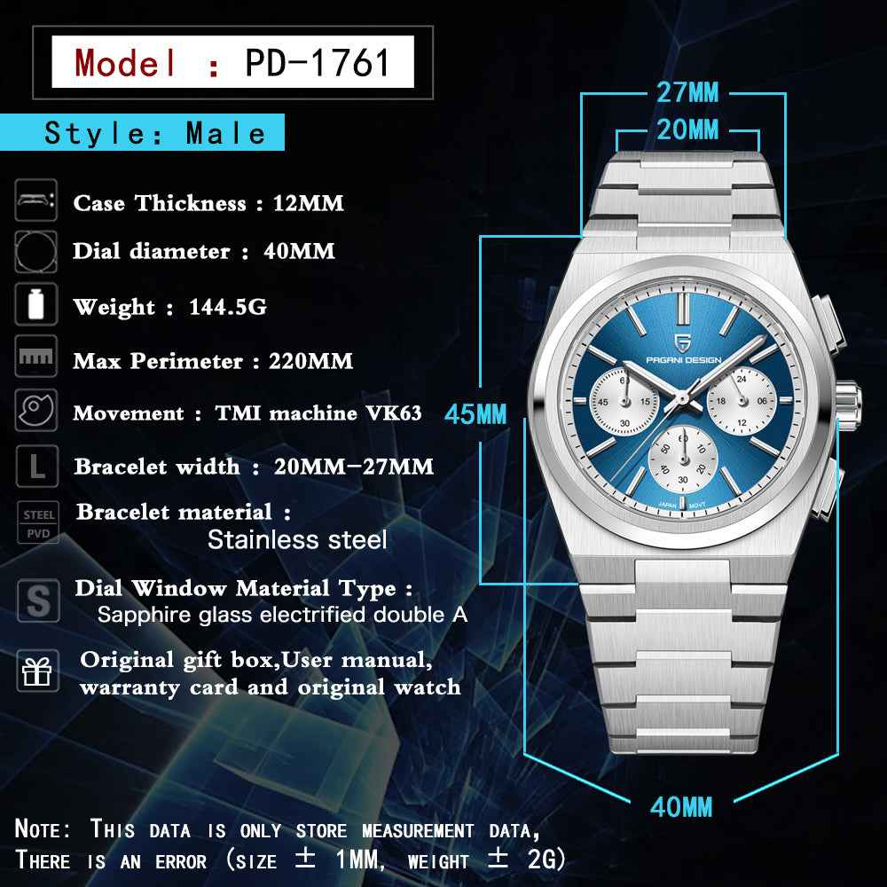 Men's Blue Chronograph Watch — 100M Waterproof, Sapphire Crystal, Stainless Steel | Luxury Sport Timepiece