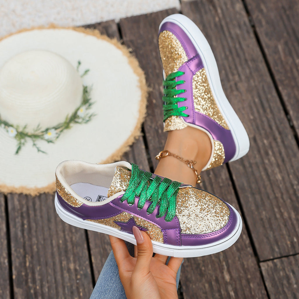 Women's Sequin Platform Sneakers — Chunky Lace-Up Shoes, Purple Gold Sequin Detail, Sizes 36–43
