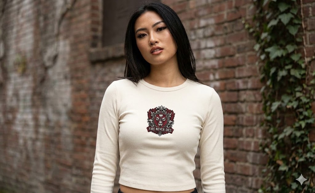 Fire Never Dies Long Sleeve Baby Tee — Micro Ribbed Crop Top Streetwear | FireDrips