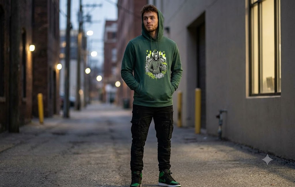 Green Skeletal Perform Hooded Sweatshirt – 4-Way Stretch French Terry