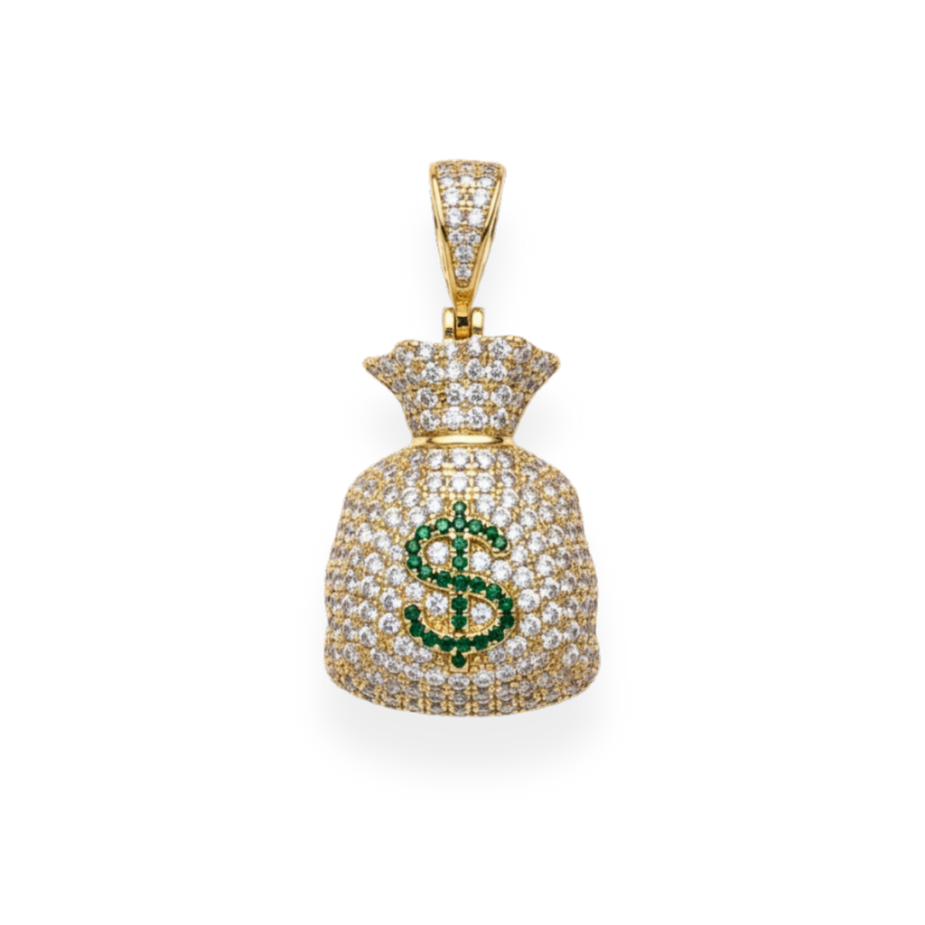 Gold-Plated Money Bag Dollar Sign CZ Iced Pendant — 925 Sterling Silver Street-Luxury Jewelry, Gold & Silver