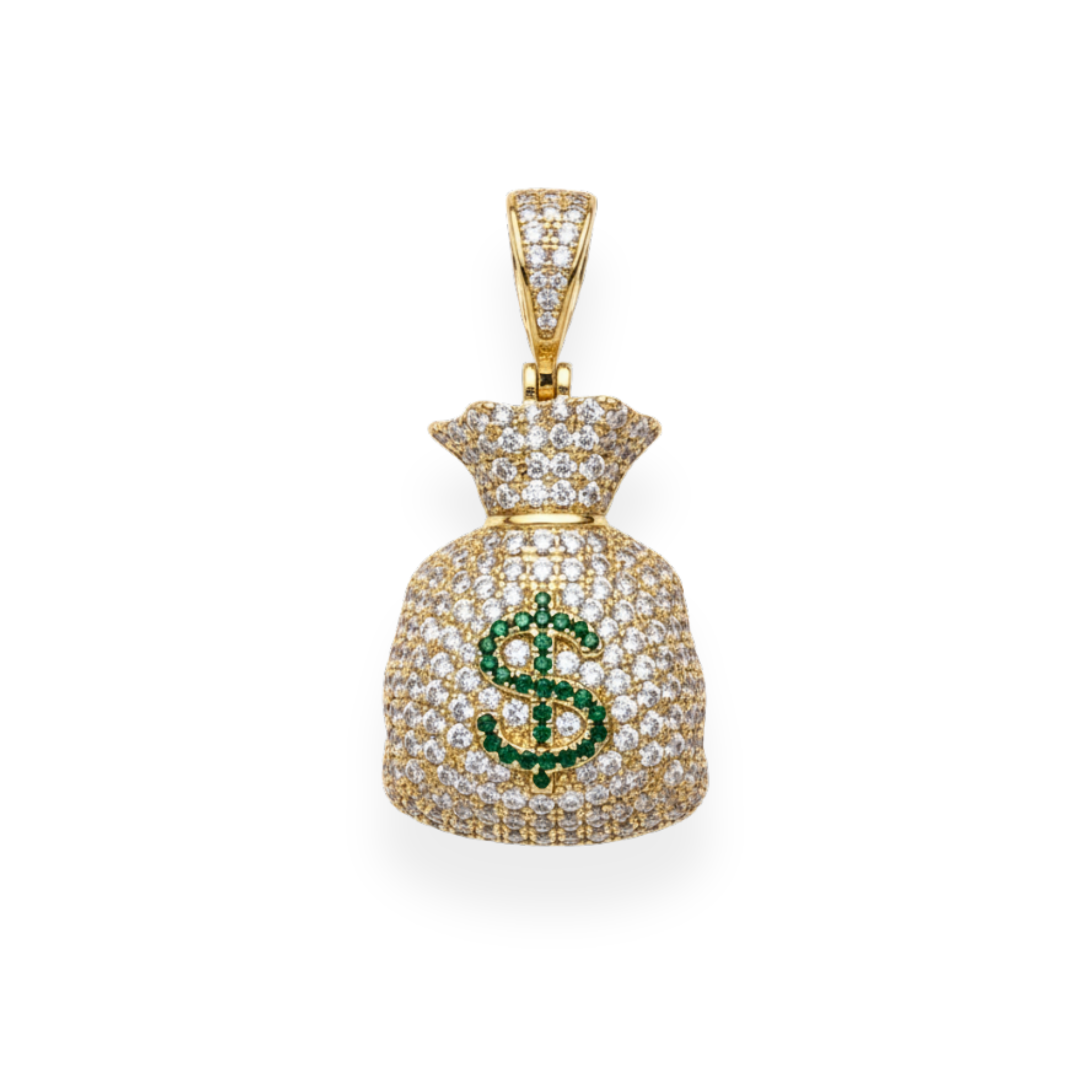 Gold-Plated Money Bag Dollar Sign CZ Iced Pendant in 925 Silver