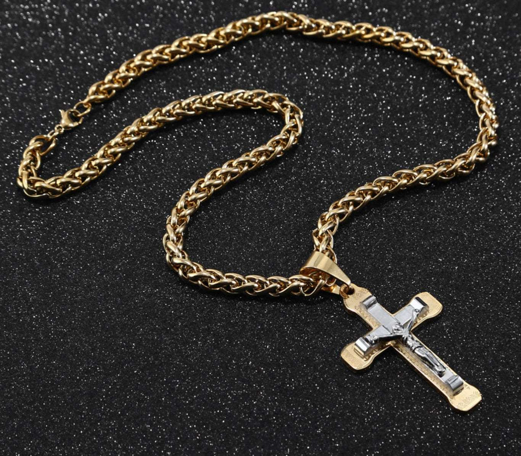 Gothic Crucifix Cross Necklace on Byzantine Stainless Steel Chain — Waterproof Unisex Street-Luxury Jewelry, Gold & Silver