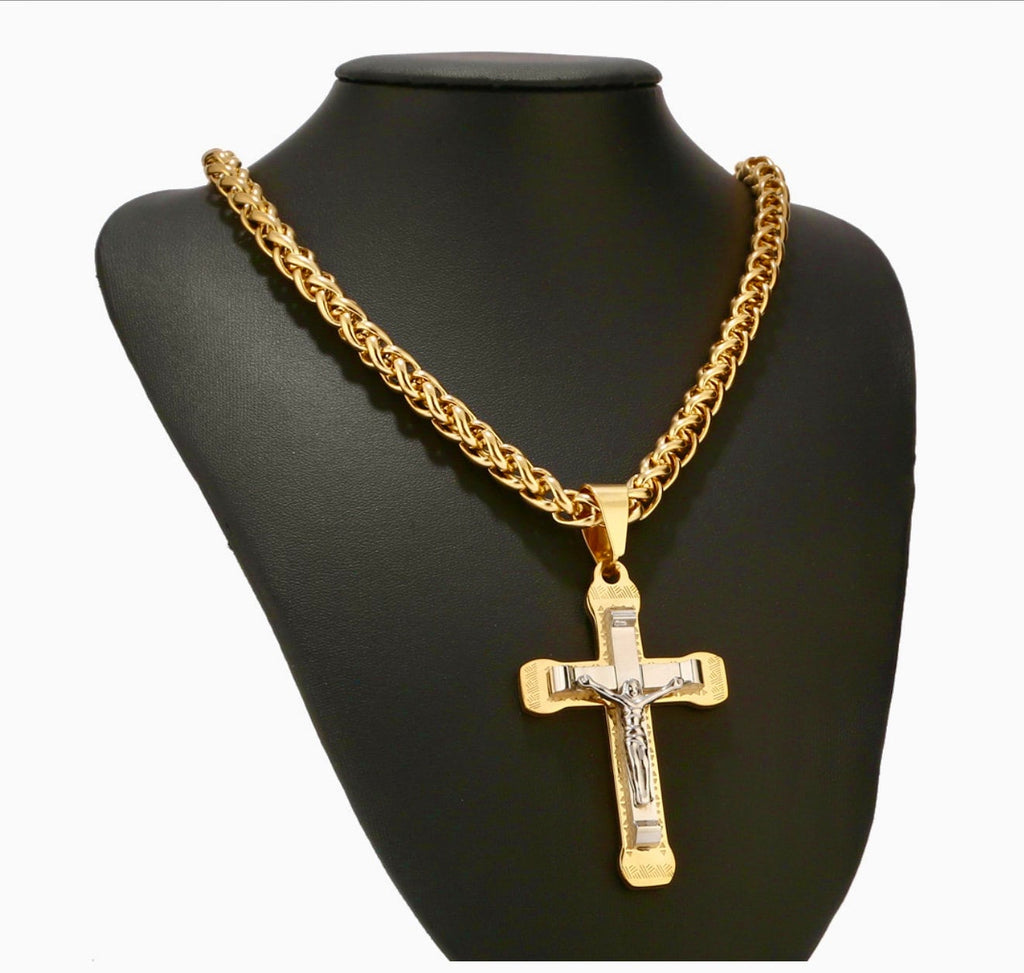Gothic Crucifix Cross Necklace on Byzantine Stainless Steel Chain — Waterproof Unisex Street-Luxury Jewelry, Gold & Silver