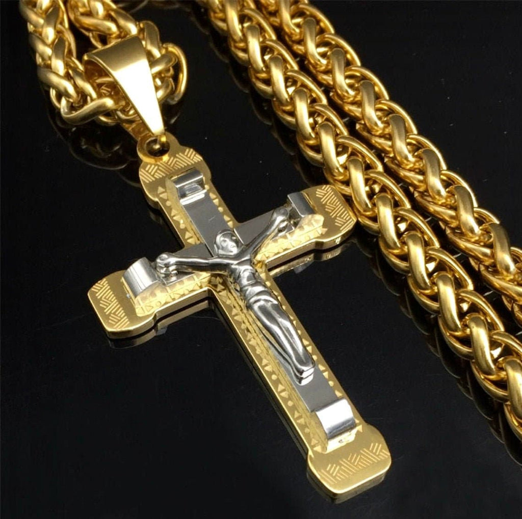 Gothic Crucifix Cross Necklace on Byzantine Stainless Steel Chain — Waterproof Unisex Street-Luxury Jewelry, Gold & Silver