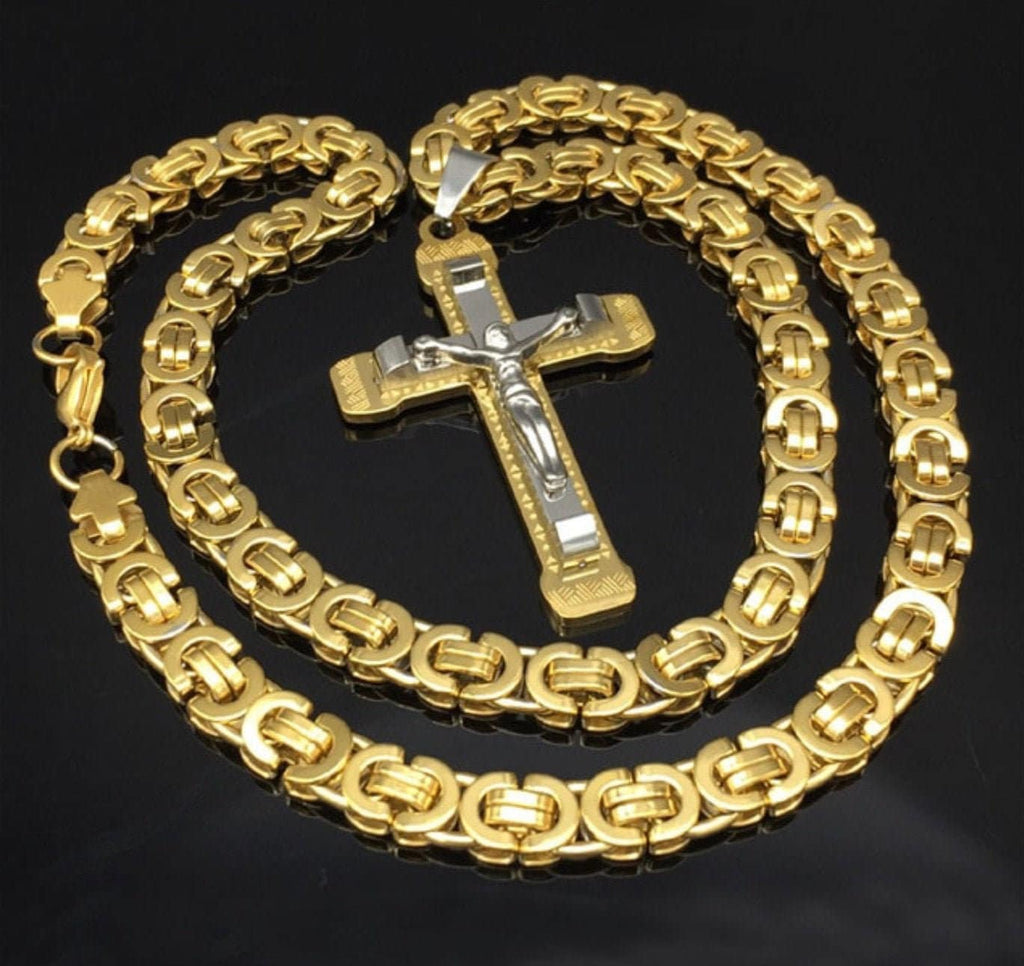 Gothic Crucifix Cross Necklace on Byzantine Stainless Steel Chain — Waterproof Unisex Street-Luxury Jewelry, Gold & Silver