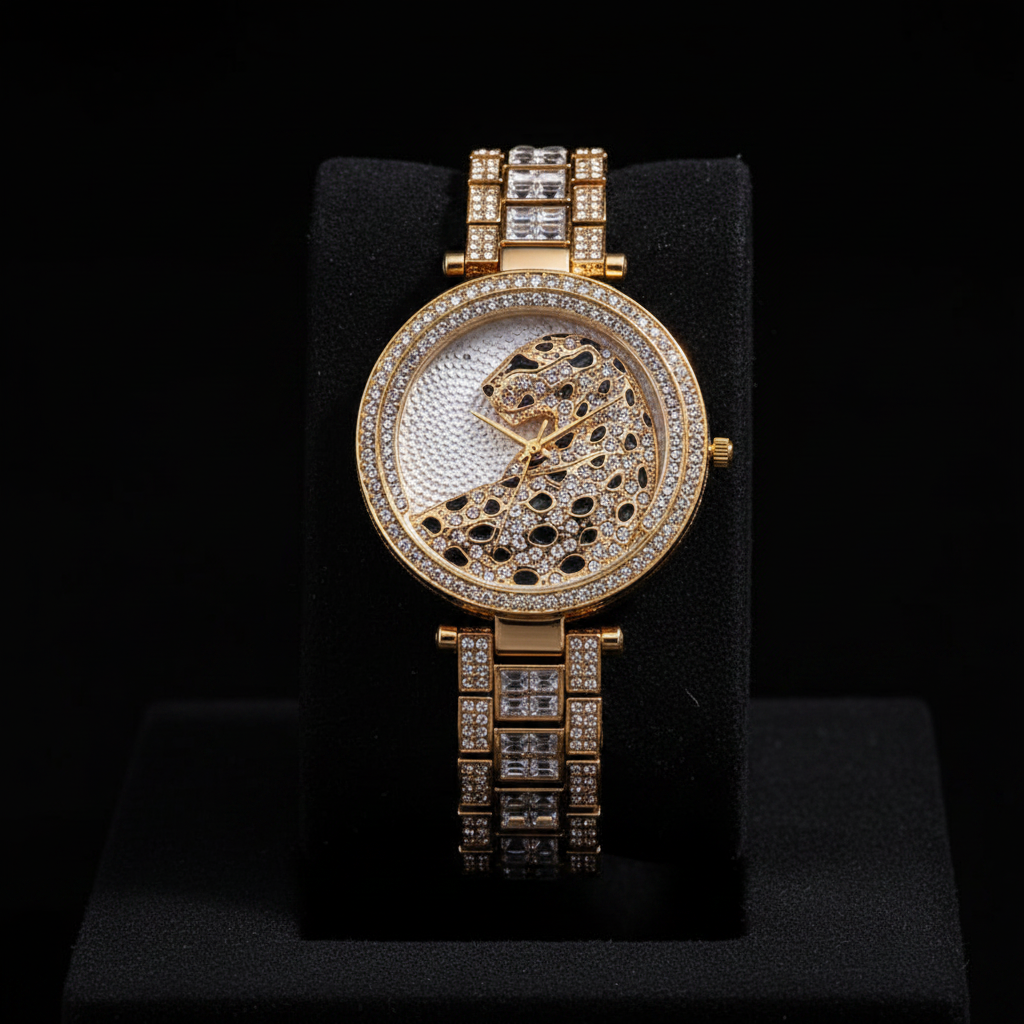 Bling Leopard Crystal Quartz Watch — black velvet studio shot
