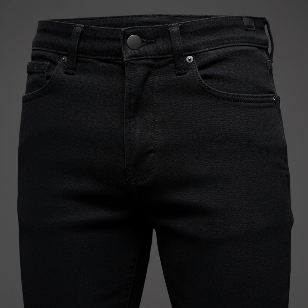 Valabasas Edge Skinny Jeans Jet Black — waistband and fabric detail close-up