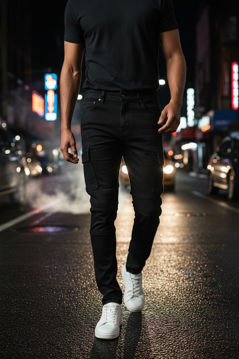 Valabasas Laddered Congo Skinny Jeans Black — urban lifestyle night shot