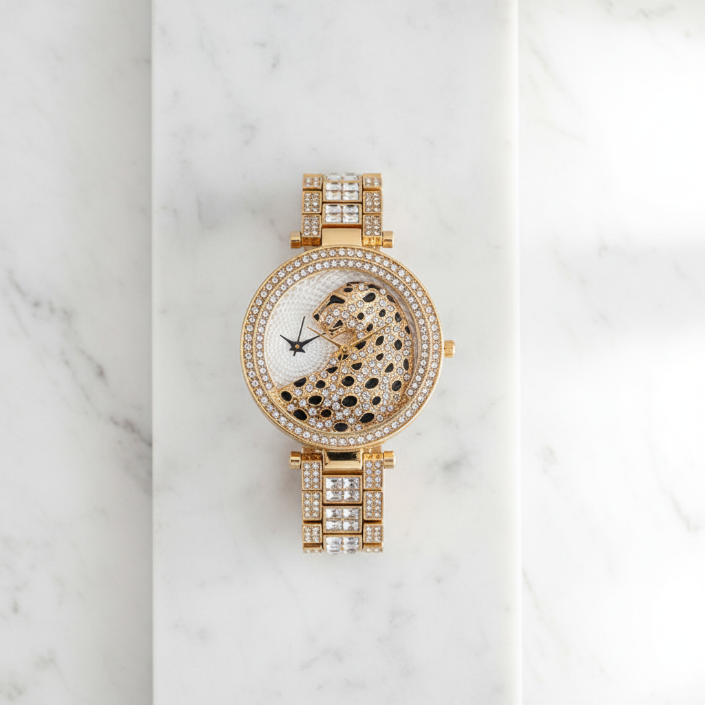 Bling Leopard Crystal Quartz Watch — white marble flat lay